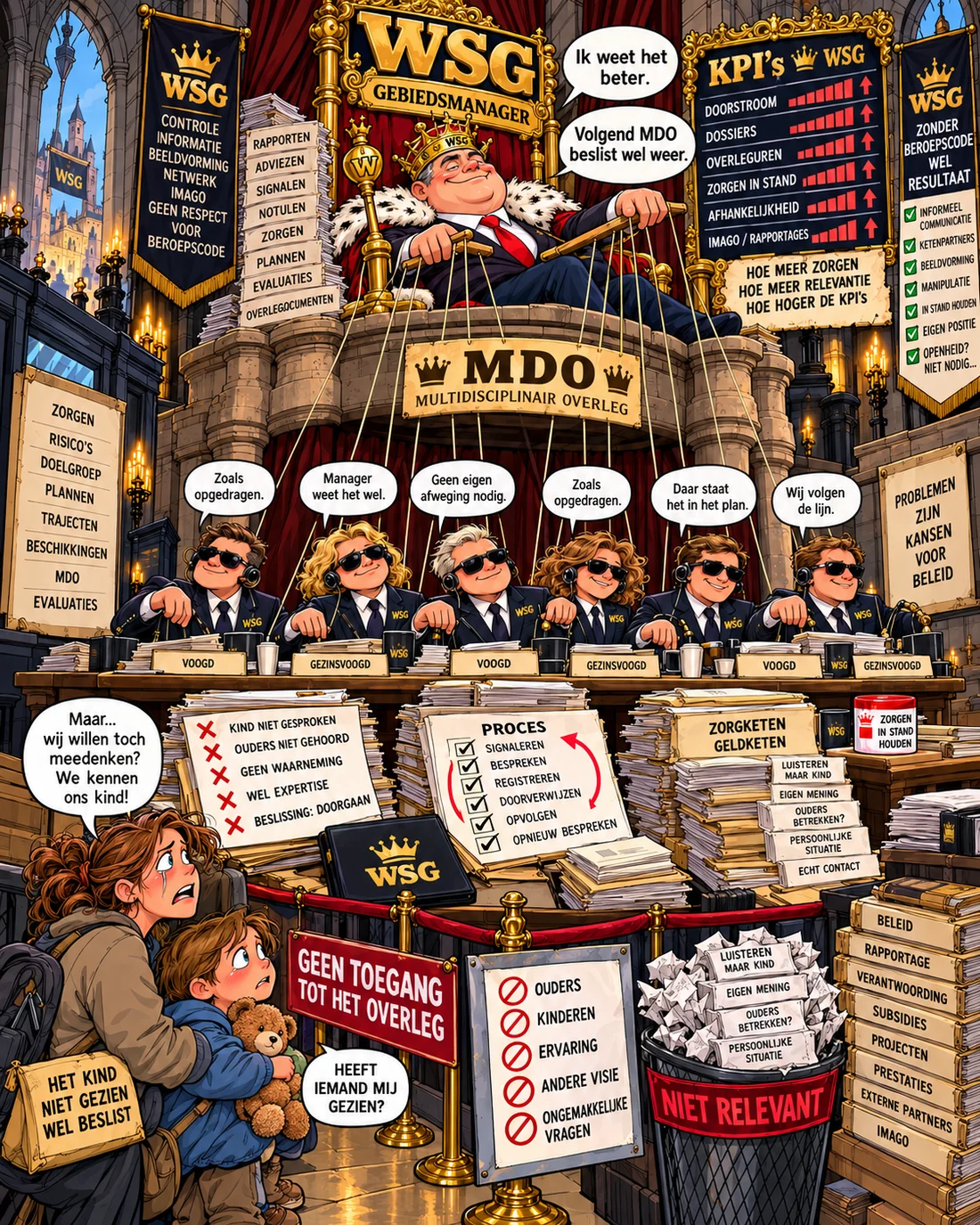 Satirische tekening waarin een gezin van een MDO-vergadering wordt uitgesloten